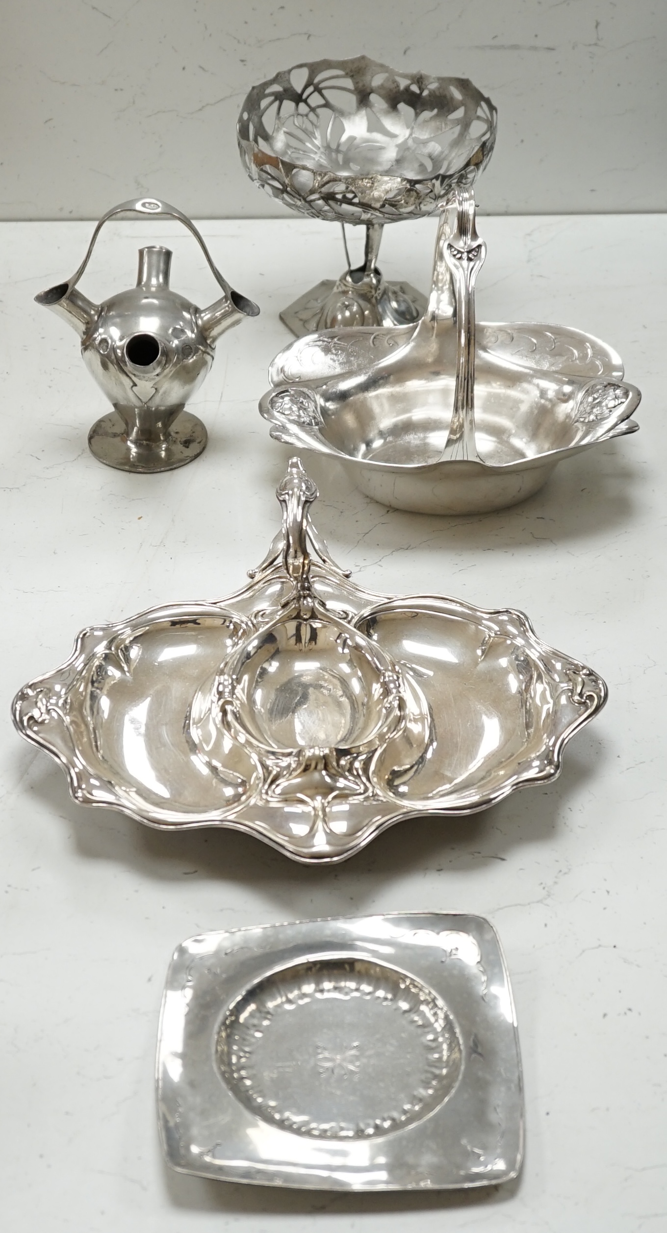 An Osiris Art Nouveau comport and four other Art Nouveau plated items. Condition - fair to good